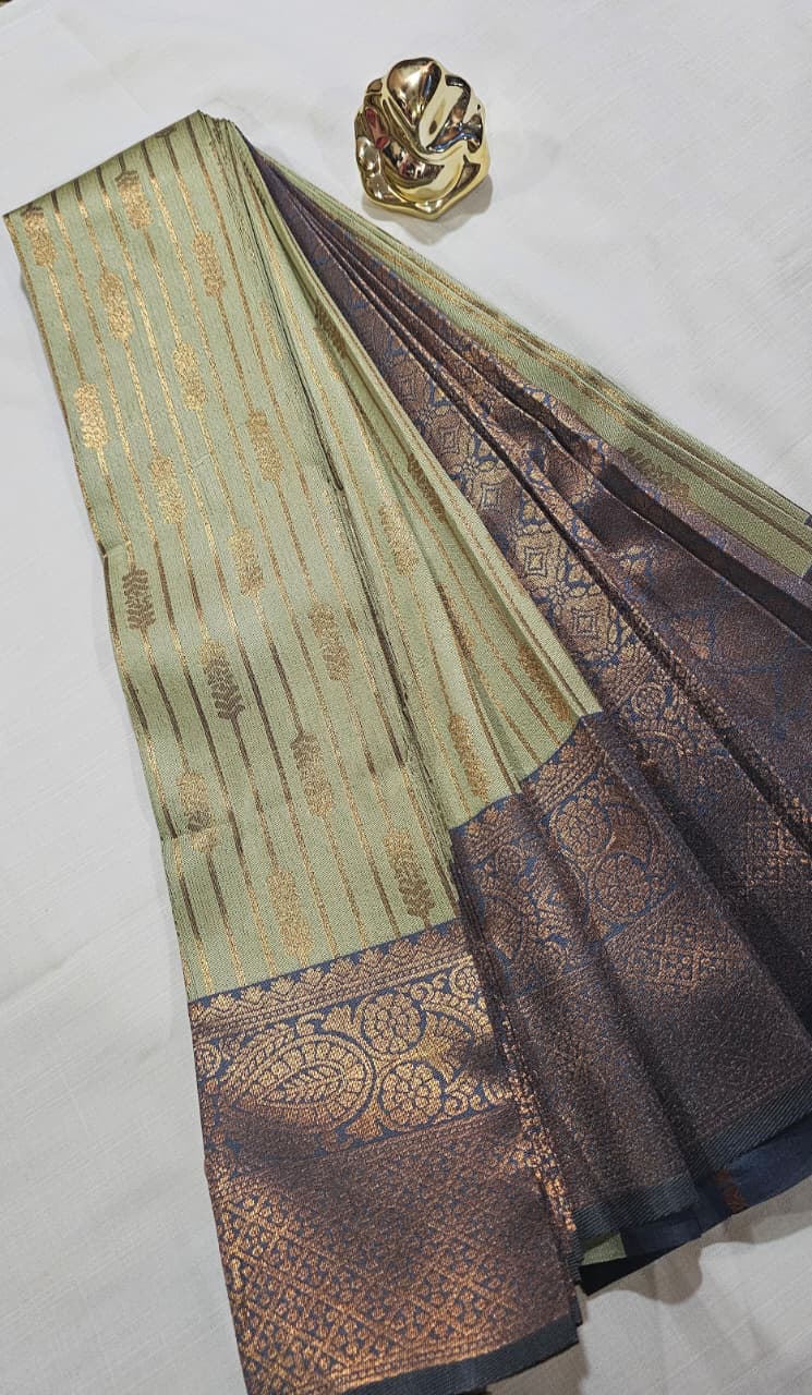 KANCHIPURAM VAIROOSI SOFT SILK SAREES pastel green color with dark navy blue