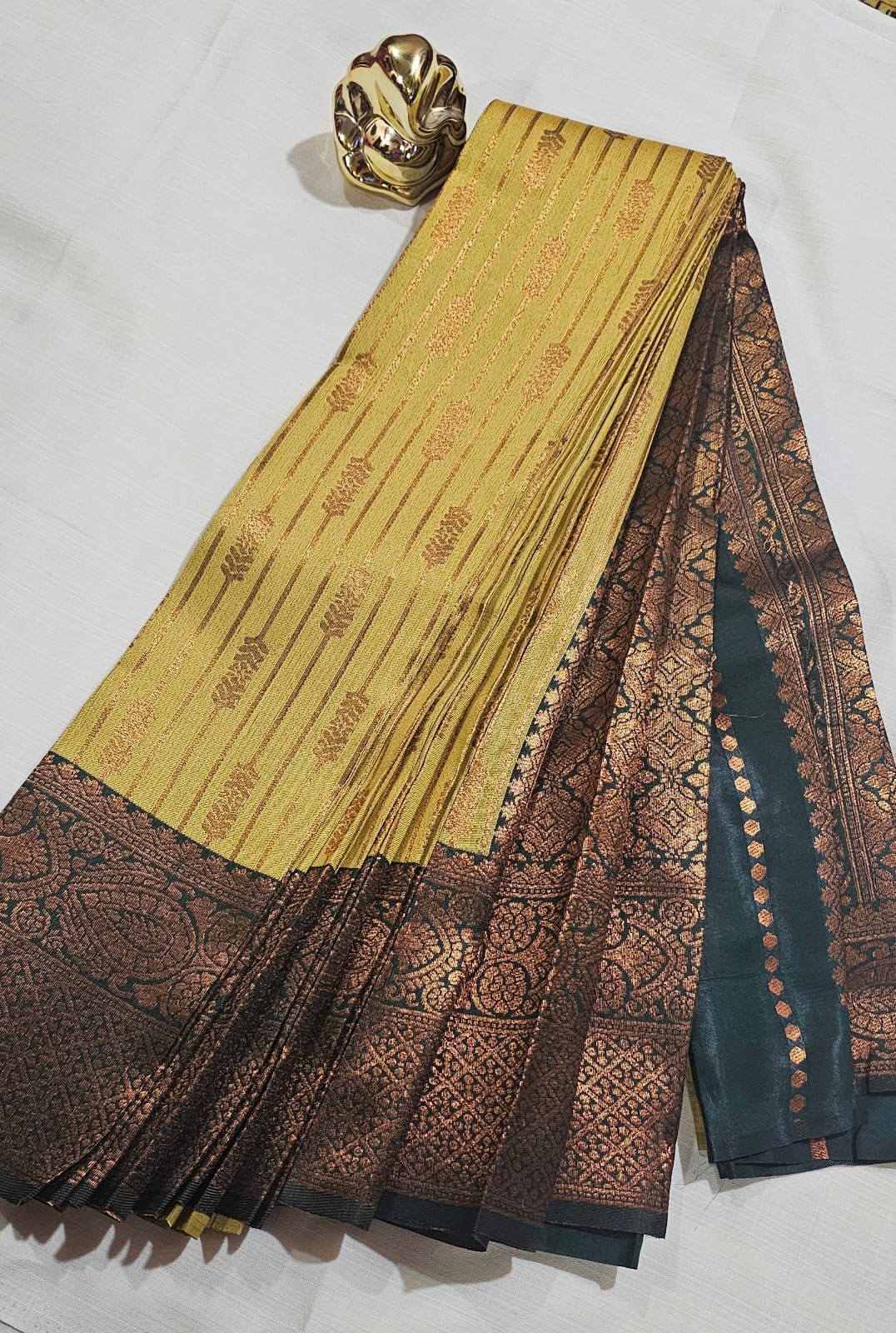 KANCHIPURAM VAIROOSI SOFT SILK SAREES Golden yellow color with dark teal/green 