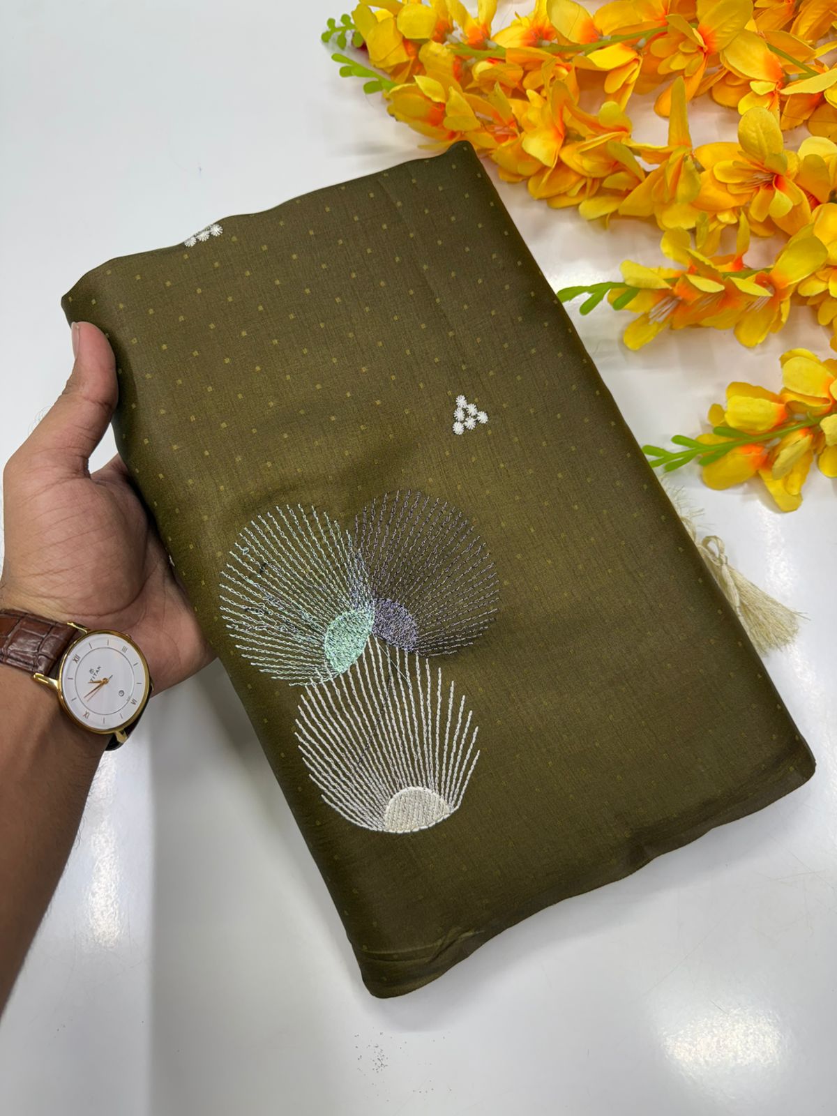 Butter silk saree pink Olive Green colour 