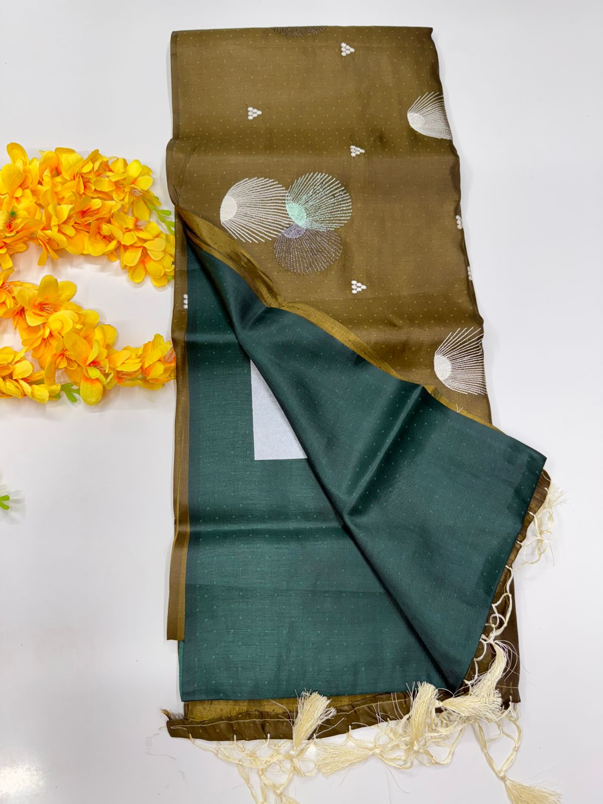 Butter silk saree pink Olive Green colour 