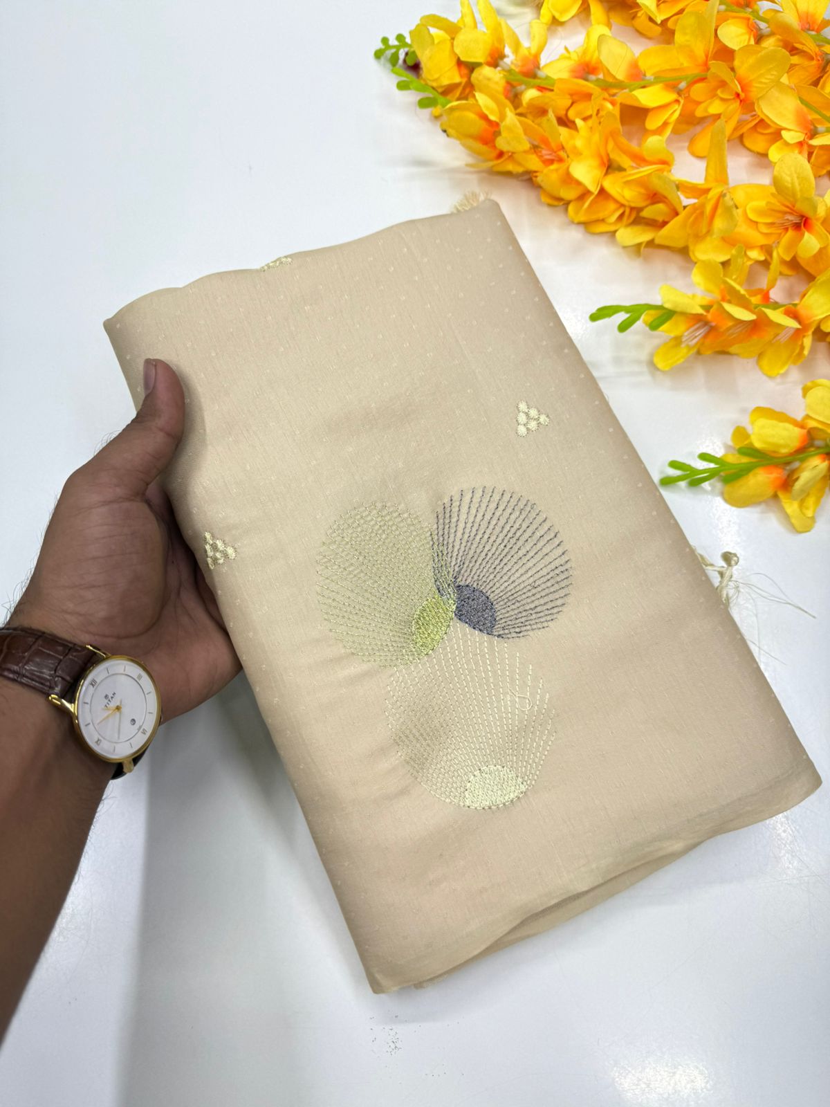 Butter silk saree off-white with Green