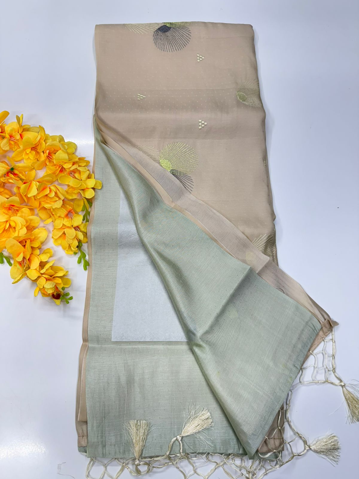 Butter silk saree off-white with Green