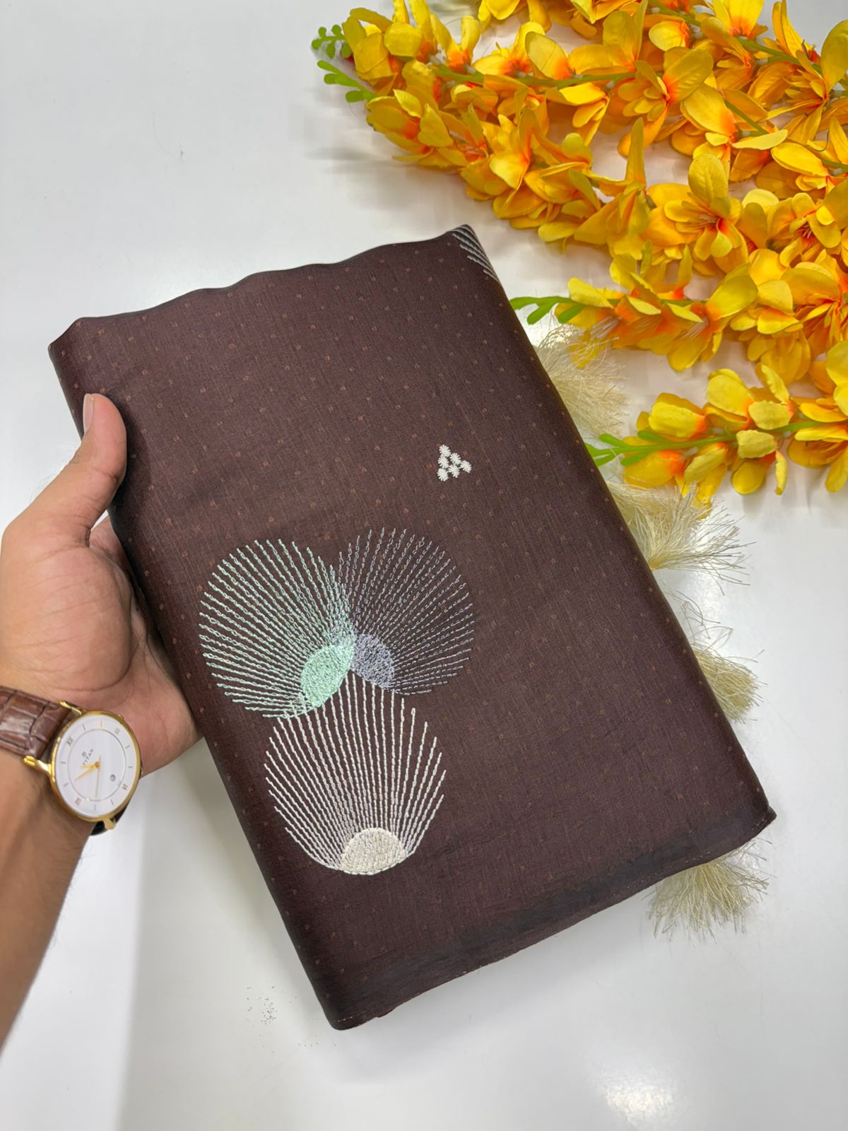 Butter silk saree Chocolate brown with olive Green 