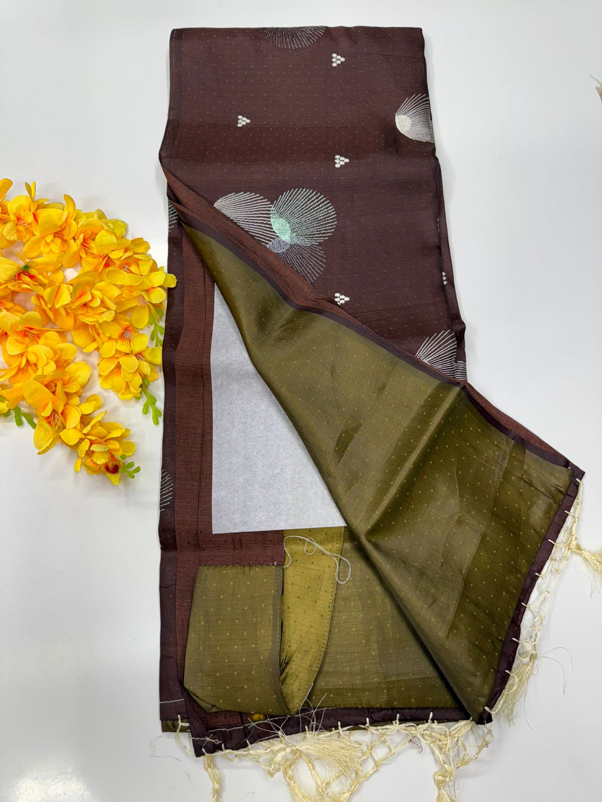 Butter silk saree Chocolate brown with olive Green 