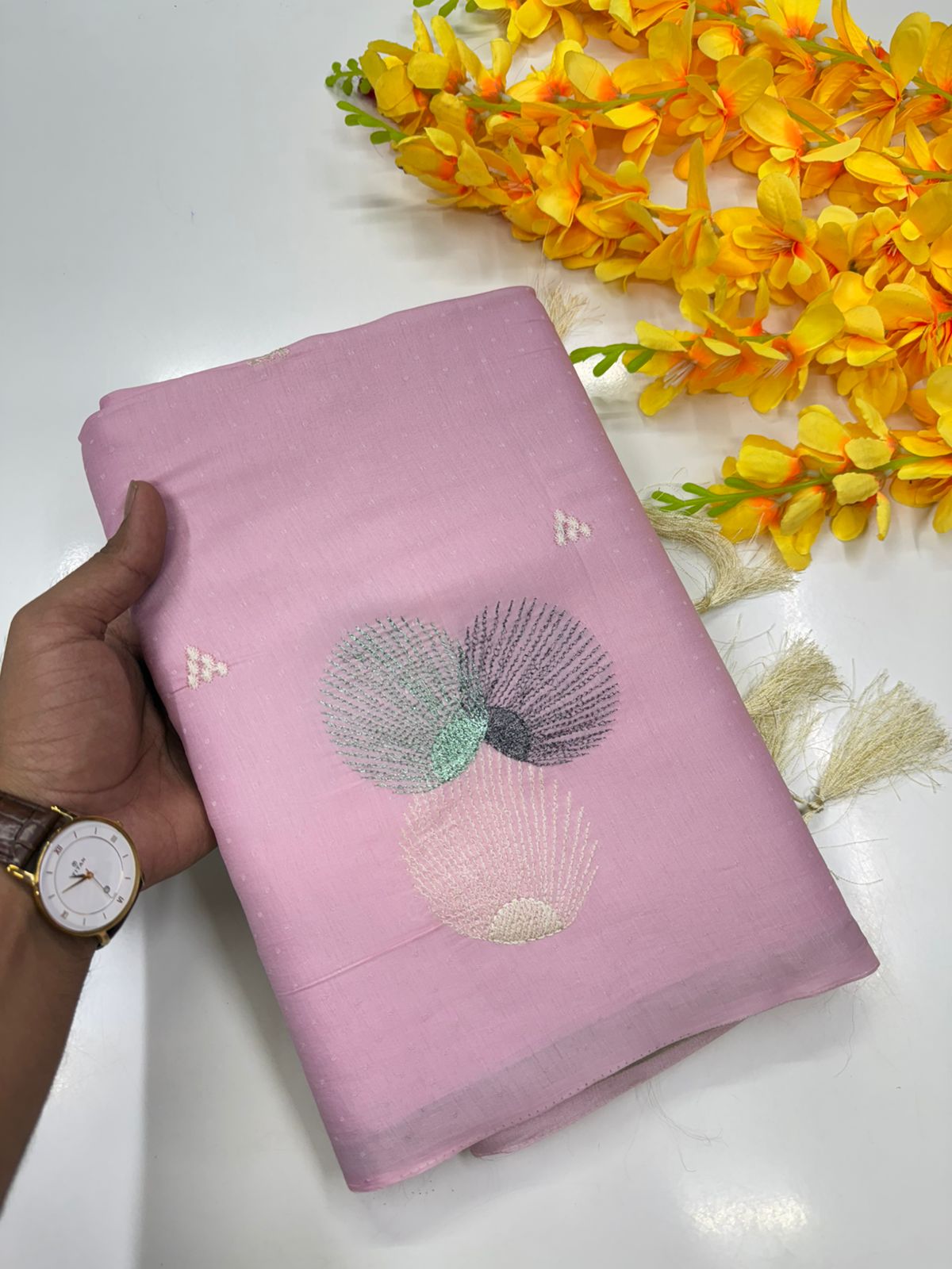 Butter silk saree Pastel pink with Taupe grey