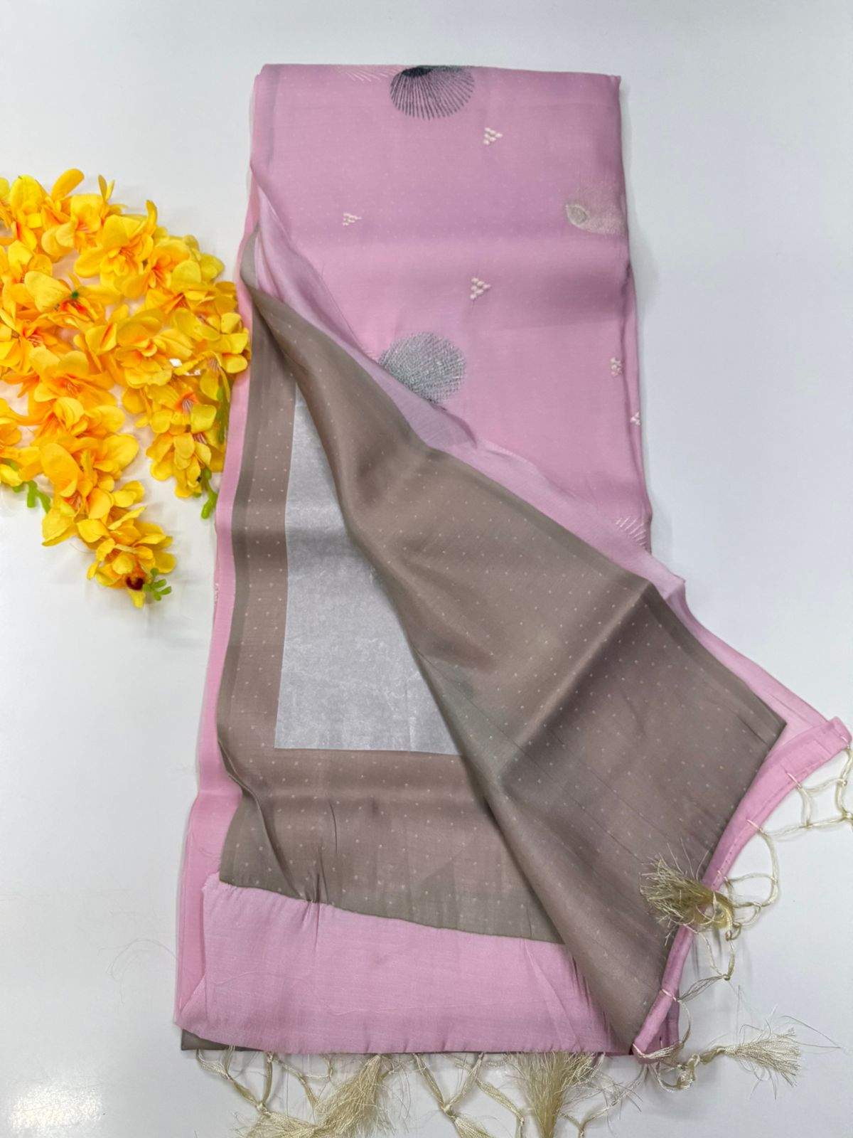 Butter silk saree Pastel pink with Taupe grey