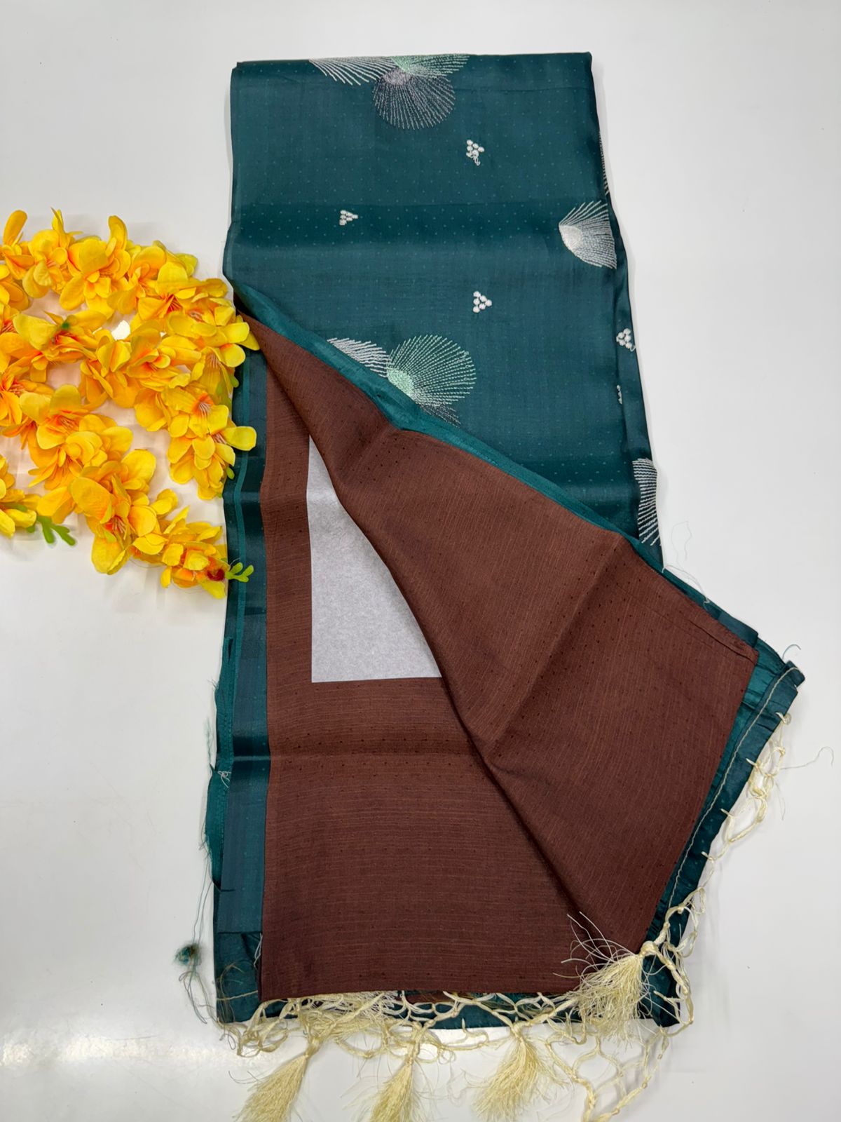 Butter silk saree Deep teal with coffee brown
