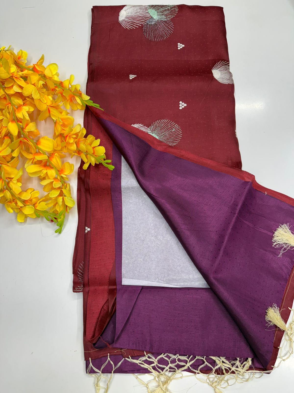 Butter silk saree Wine red with Royal purple