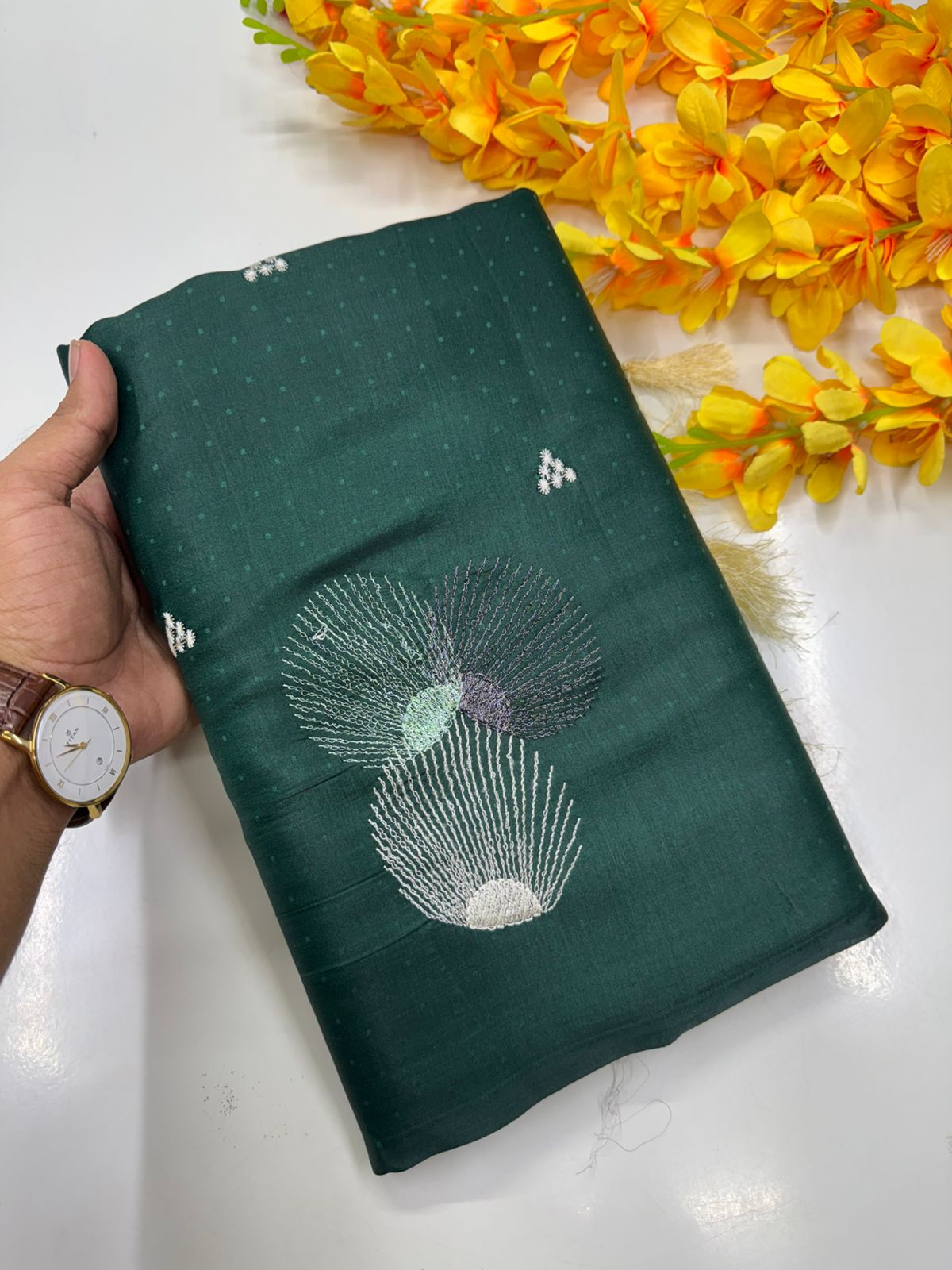 Butter silk saree bottle green with Chocolate brown