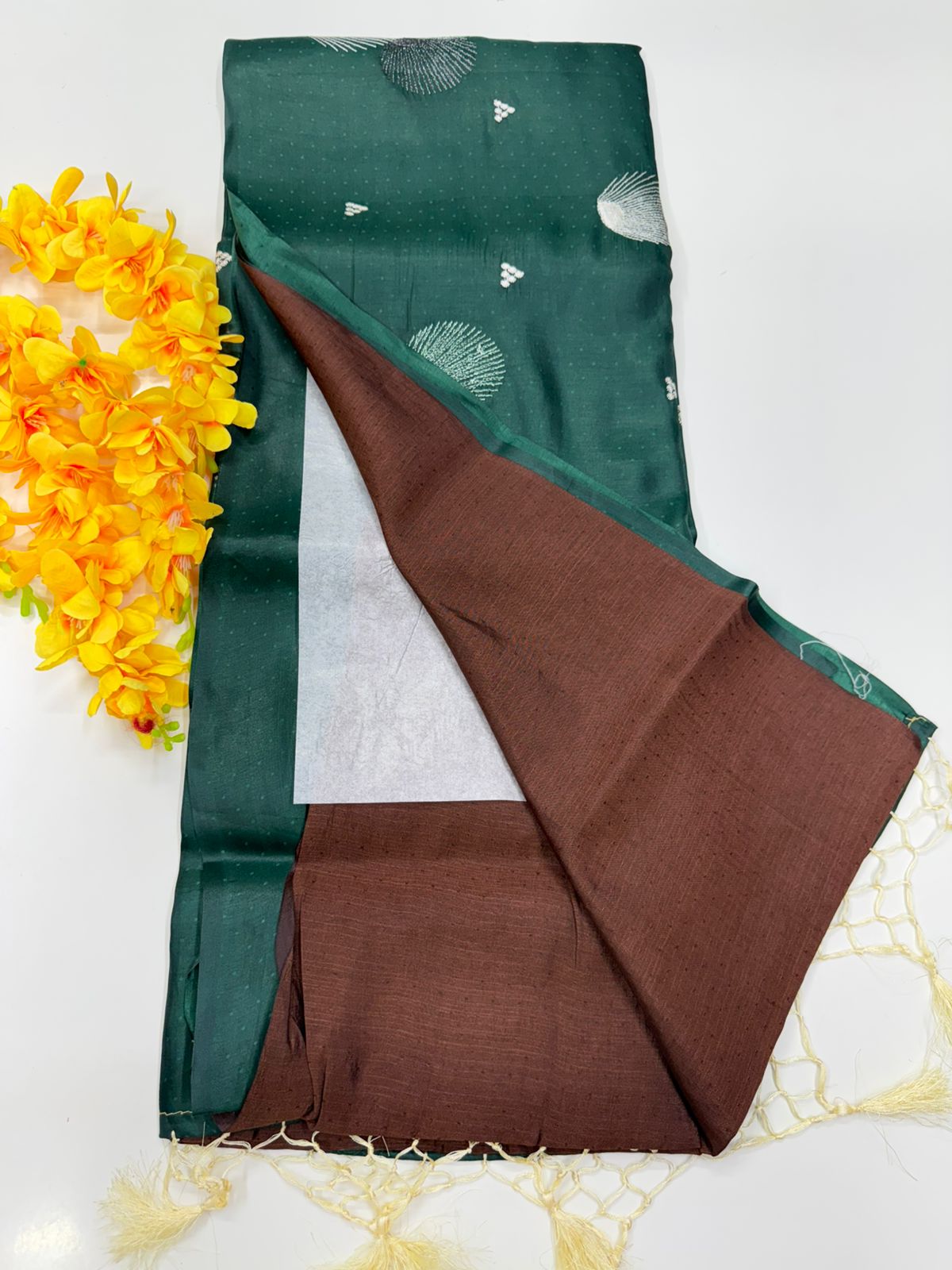 Butter silk saree bottle green with Chocolate brown