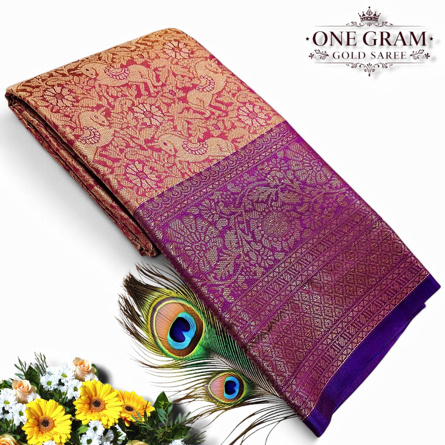 Latest 1 Gram Gold Saree Peach Gold / Magenta Purple