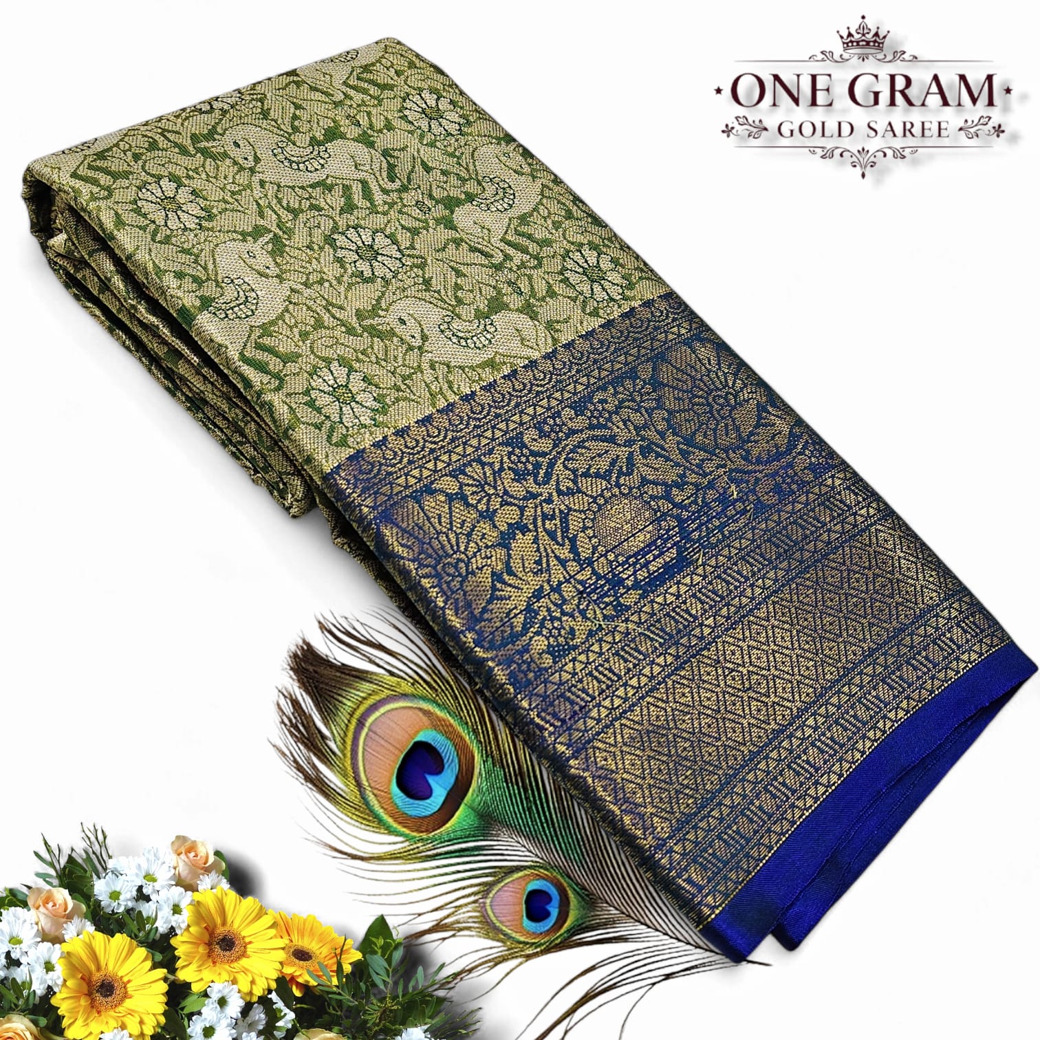 1 Gram Gold Saree Rama Green with Royal blue