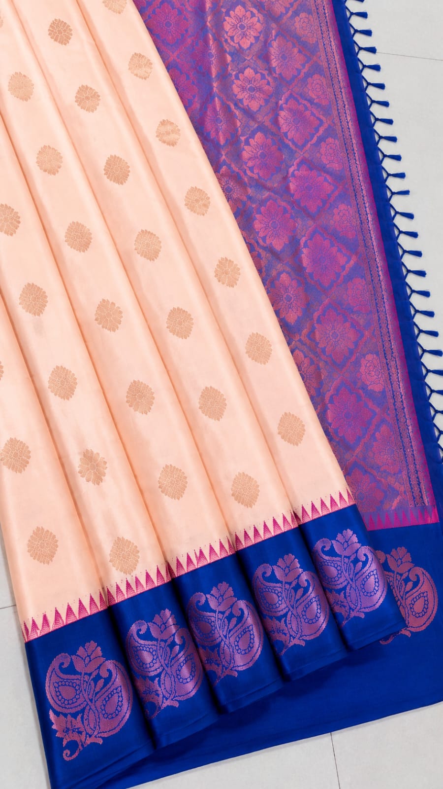 MANGALYAM KORVAI KOTTANJI TANA SOFT SILK SAREE Peach pink with Royal blue
