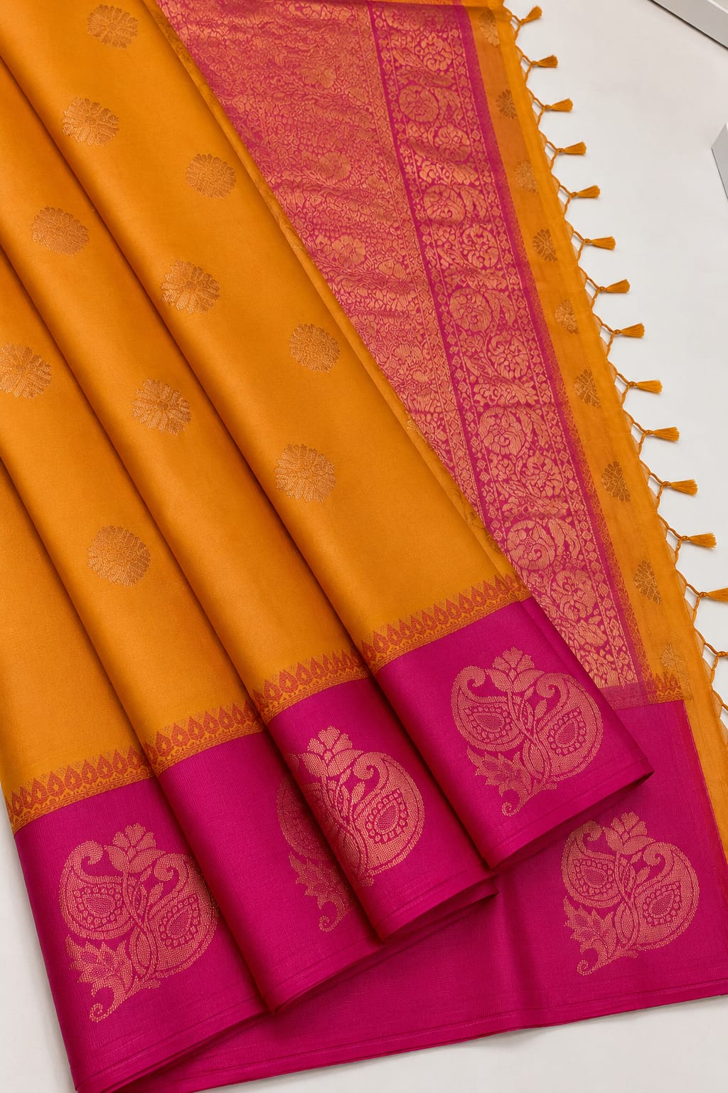 MANGALYAM KORVAI KOTTANJI TANA SOFT SILK SAREE Mango yellow with Rani pink