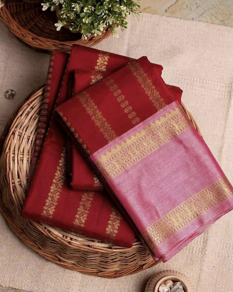 Khatan silk Deep Maroon Red with Baby Pink Border